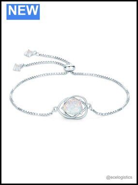 925 Sterling Silver Opal Link Bracelet Adjustable Women October Birthstone